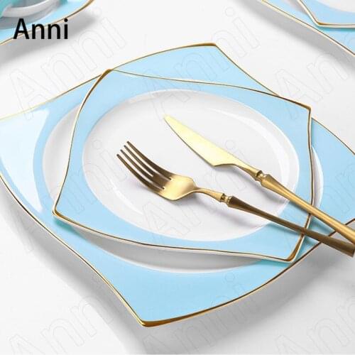 Creative Golden Stroke Ceramic Plate Nordic Modern Square Dinner Plates Western Restaurant Food Serving Tray Home Kitchenware
