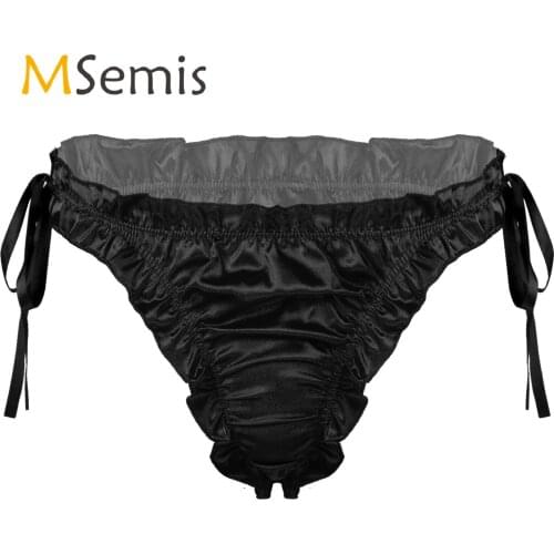 Mens Lingerie Lace-up Pleated Trim Lace Sissy Underwear Low Rise Ruffles Satin Bulge Pouch Briefs Panties Breathable Underpants