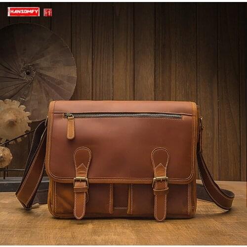 Handmade 2021 new leather retro mens bag crazy horse leather shoulder messenger bag fashion top layer cowhide bags