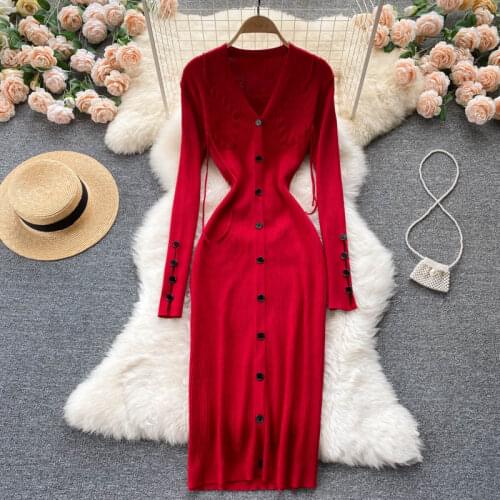 SINGREINY Design Women Knitting Dress Fashion Single Breasted Long Sleeve Slim Dresses Chic Elegant Sexy Bodycon Sweater Dress