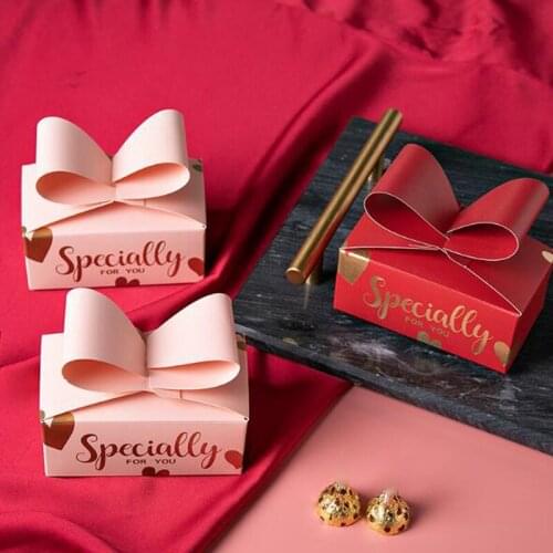 Fresh Bowknot Gift Box Red And Pink Bronzing Letters Bowknot Shape New Years Party Valentines Day Candy Cookie Paper Gift Bag