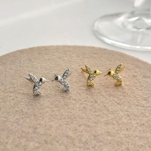 Real 925 Sterling Silver Cute Little Hummingbird Stud Earrings for Women Girls