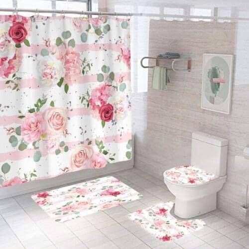 Pink Pastrol Flower Shower Curtain With Non Slip Rug Mat Bathroom Curtains Waterproof Polyester Bathroom Curtain with Hooks Gift