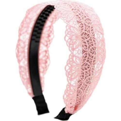 Mori Style Pink Lace Hairband for Personality Girl Hollow Floral Pattern Wide-brimmed Knitting Yarn Hair Band for Elegant Women