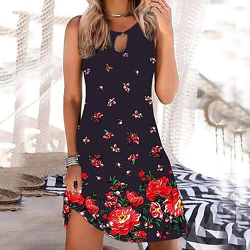 Womens Party Sundress Women Fashion Casual Sleeveless Vest Floral Print Maxi Tank Knee-length Dress Boho Sexy Dresses Robe