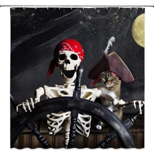 Cat Theme Skull Gray Pirate Cat Shower Curtains