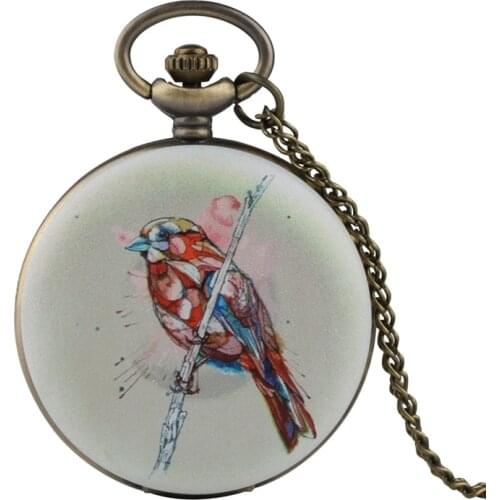 Unique 3D Bird on the tree Design Quartz Pocket Watch Necklace Birds FOB Clock Pendant Chain Jewelry Gifts for Men Women Ulzzang
