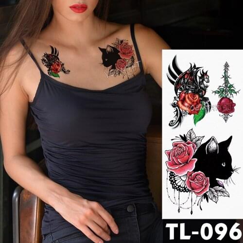 Water Transfer Black cat red lace rose Temporary Tattoo Sticker totem Pattern body art Waterproof Fake Flash Tattoo for women