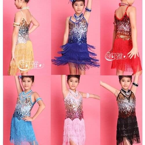 High Quality Children Kids Sequin Fringe Performance Ballroom Dance Costume Latin Dance Dress For Girls + Collar + Arm Chain