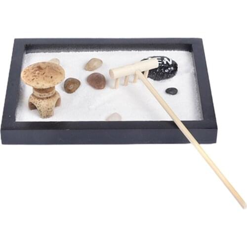 Japanese Zen Garden for Desk Wood Tray White Sand River Rocks Rake Tools Set Office Table Accessories Meditation Gift 1 Set