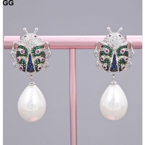 GuaiGuai Jewelry White Sea Shell Pearl White Golden Plated CZ Beetle Earrings