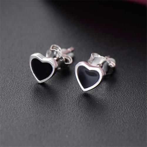 925 Sterling Silver Black Heart Shape Stud Earrings For Women Wedding Jewelry Female pendientes eh1448