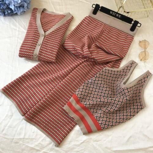 Vintage Three Pieces Knitting Clothes Set For Women Spring Autumn Chic Cardigans Jacket + V Neck Camisole + Wide Leg Pants Suits
