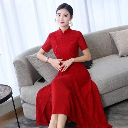 A lace cheongsam long spring 2020 new cheongsam dress large silk improved cheongsam