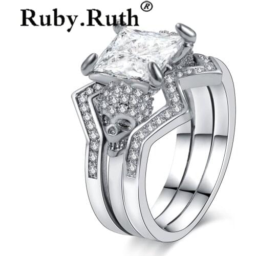 Punk Skull Ring Black Zircon Womens Wedding Ring Set Jewelry