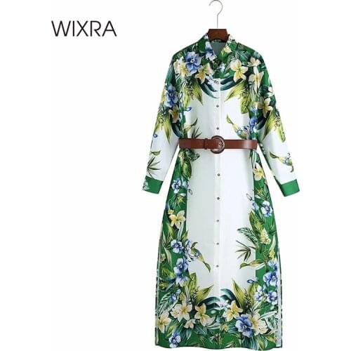 Wixra Floral Print Shirts Dresses With Belts Womens Full Sleeve Street Wear Mid Calf Clothing Spring Summer New Fashion
