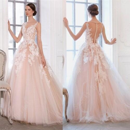 Pink Sleeveless Wedding Dresses 2021 A line Scoop Beach Bridal Gowns Appliques Boho Vestido De Noiva Button Illusion Back