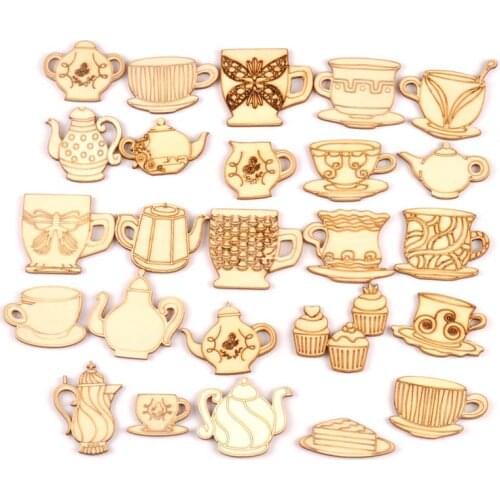 10pcs mix Coffee cup pattern Natural wooden Scrapbooking Carft for Home decoration diy embellishment 40-45mm MT2172
