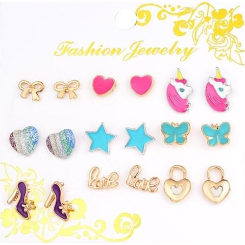 9 Pairs Cute Small Unicorn Butterfly Bowtie Stud Earrings Set For Kids Girls