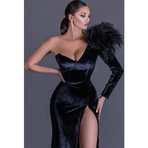 Black Velvet Mermaid Evening 2022 Gowns Sexy One Shoulder Long Sleeve Prom Dress Side Split Formal Party Wear Robe de Soiree