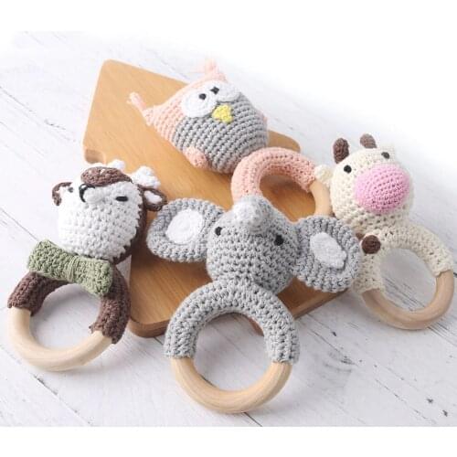 Baby Teether 1pc Animal Crochet Wooden Ring Rattle Wooden Teether For Baby Products DIY Crafts Teething Rattle Amigurumi Toys