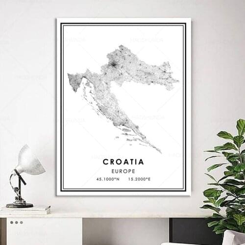 World City Map CROATIA Wall Art Black And White Posters Prints Canvas Painting Picture For Living Room Decor framed