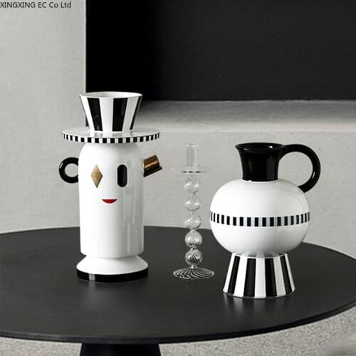 Creative Gold Double Ear Black and White Vertical Pattern Face Ceramic Vase Modern Living Room Decoration Light Luxury Ornaments