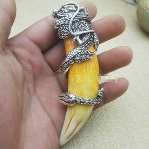 Chinese Antique Boars Tooth Wild Silver Dragon protective talisman Pendant