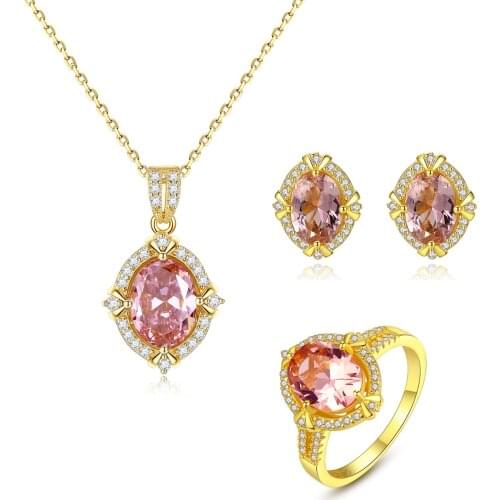 【MeIbaPJ】Luxury S925 Sterling Silver Big Oval Morganite Engagement Ring Earrings Necklace Set for Women Wedding Jewelry