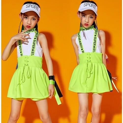 Childrens Day Jazz Cheerlead Dance Costume For Girls Fluorescent Green Vest Skirt Outfits Hip Hop Performance Dance Wear BL6011