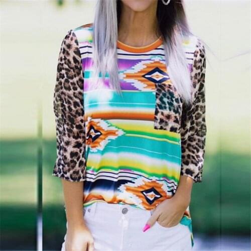 Leopard T Shirt Women Geometric Printed tshirt Lady Top Women Three Quarter Top Multicolor T-shirt Autumn Tops Tee