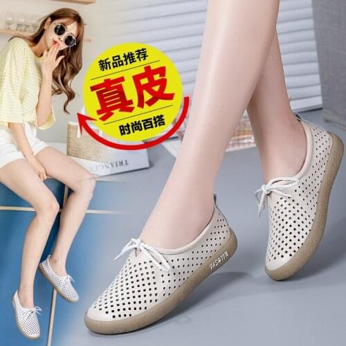 New Breathable Genuine Leather Summer Shoes Woman Flats Hollow Comfortable Ladies White Loafers Soft Casual Shoes