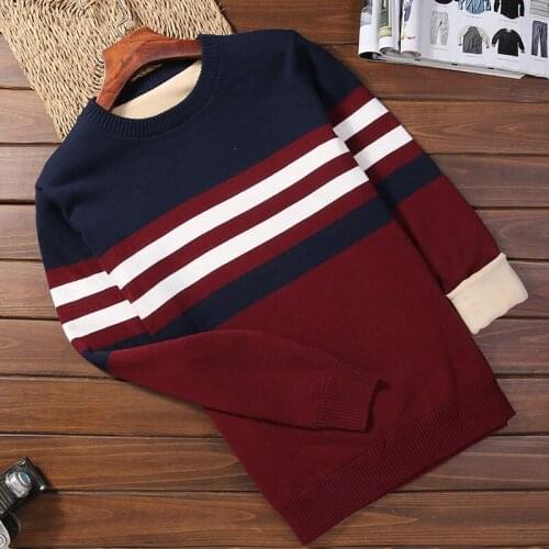 Men Sweater Student 2021 New Winter Plus Velvet Keep Warm Male Sweater Knitted Pullover Stripe Patchwork Cotton Korean Style M93