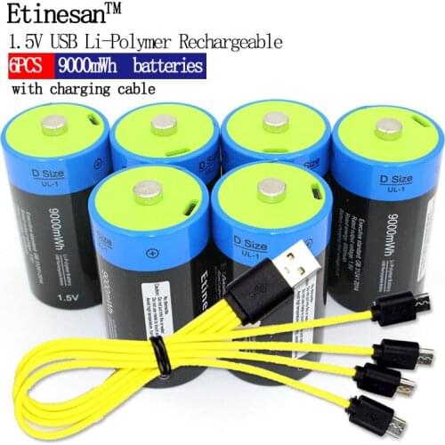 Etinesan 6pcs 1.5V 6000mAh Li-polymer Rechargeable D size Battery + USB chargeing cable set