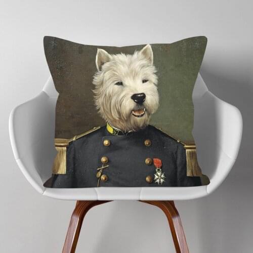 Dogs in Military Uniform Oil Paintings Cushion Covers European Retro Elegant Dog Portrait Decorative Pillow Case