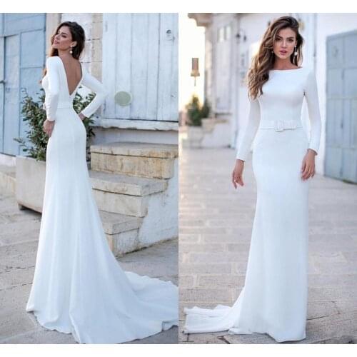 New Bateau Wedding Dresses 2021 Long Sleeves Sweep Train Satin Backless Bride Gowns Hot Sale Vestidos de Mariee
