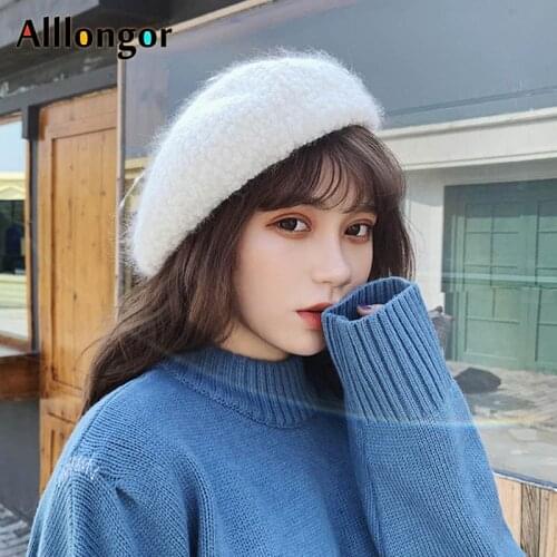 New 2020 Winter Beret femme Angora Rabbit Fur Wool baret knitted Beret Hat Women boinas para mujer White