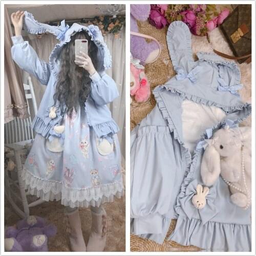 Original Design Cute Light Blue Womens Hooded Coat Rabbit Ears Thicken Coat Cashmere Cute Lolita Doll