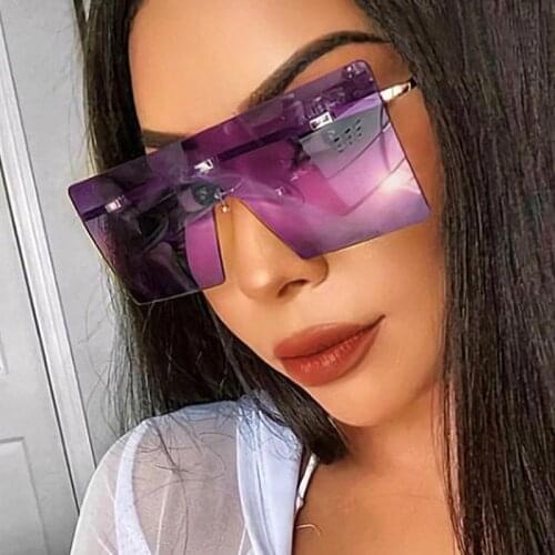 Womens Square Sunglasses Metal Frame Purple Pink Shades Fashion Luxury Rimless Sun Glasses Female Eyewear Men Oculos de sol