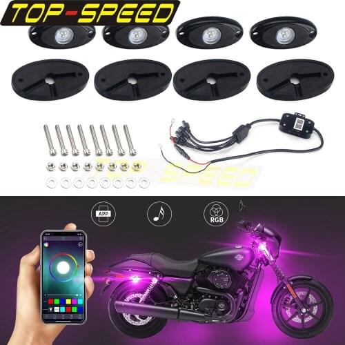 9W DC 12V Bluetooth Control LED Rock Underglow Lights RBG On Android IOS For Yamaha Honda Kawasaki Harley Electra Glide Road