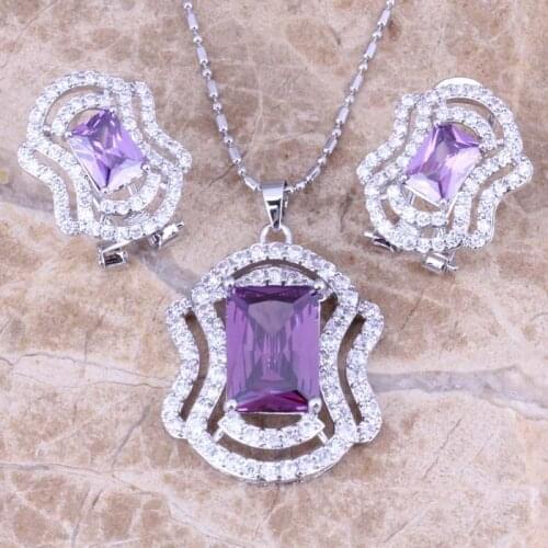 Magnificent Purple Cubic Zirconia White CZ Silver Plated Earrings Pendant Necklace Jewelry Sets S0765