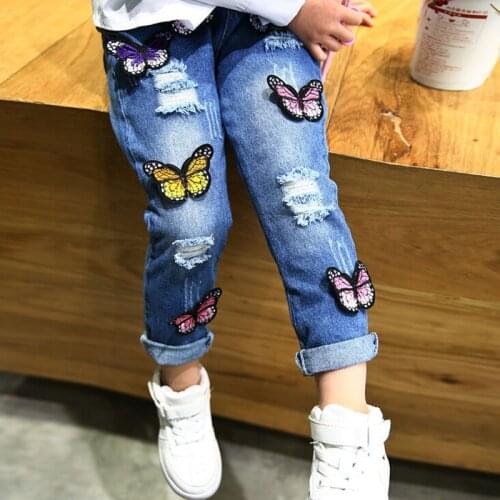 2019 Spring Childrens Clothing Girls Butterfly Jeans Kids Clothes Girl Pants Total Length Pants