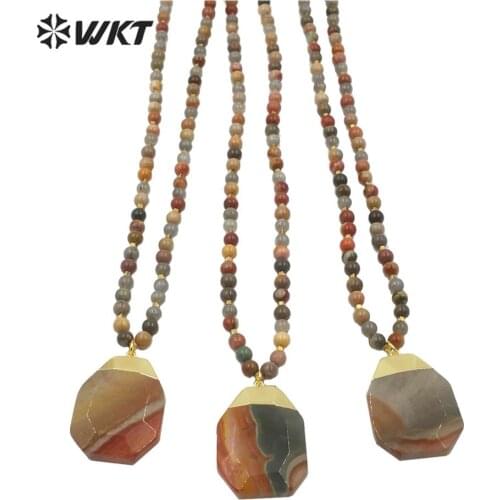 WT-N1185 WKT Natural Stone Necklace Multiple Colors Stone Beads Necklace Gold Capped Pendant Fashion Necklace Jewelry 28 Inch