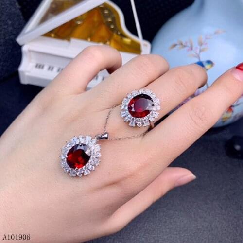 KJJEAXCMY Fine Jewelry 925 sterling silver inlaid natural garnet gemstone female ring necklace pendant set support review new lu