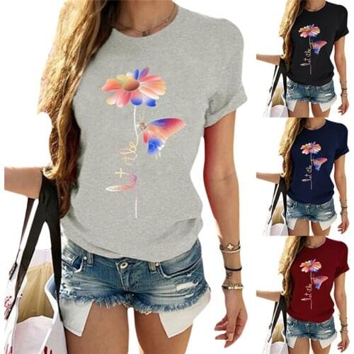 New Women T-Shirt Live A Little Sunflower Short Sleeve O-Neck T-Shirt Female Light Grey 2021 Summer T Shirt Ladies Tops Tee