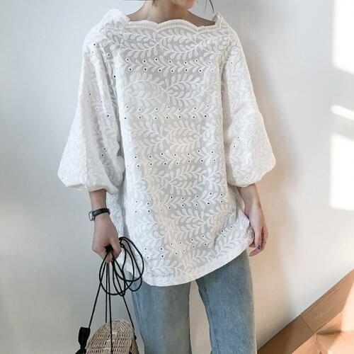 2021 Summer Autumn White Blouse Korean Fashion Women Loose 3/4 Sleeve Embroidery Lace Shirt Sweet Cute Slash Neck 15573