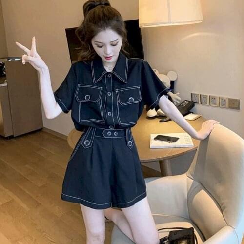 Womens Suits fashion loose suit thin wide-leg short pants short sleeve shirt two piece set reduce age cover meat 2021 summer new
