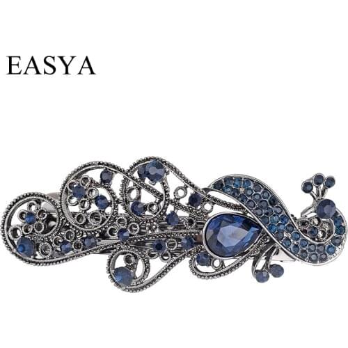 EASYA Vintage Antique Silver Color Peacock Hair Clips Jewelry For Women Fashion Rhinestone Crystal Peocack Hair Accessories