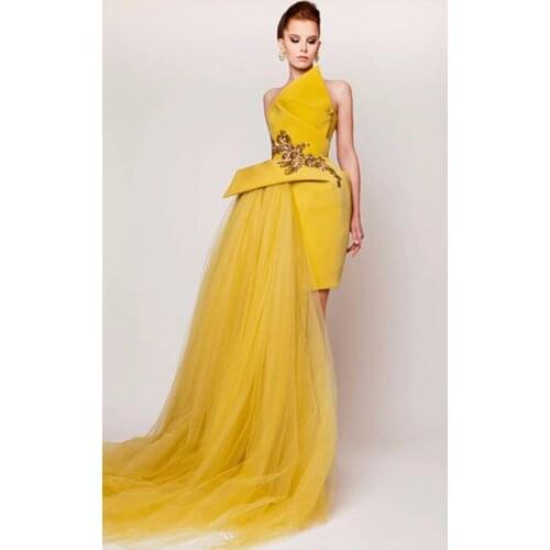 2020 Saudi Arabia Evening Dresses High Low Asymmetrical Yellow Dubai Kaftan Beaded Sexy long evening dress Robe de Soiree Long