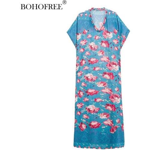 Boho Oversized Plus Dresses V Neck Short Sleeve Loose Fit Rose Print Maxi Hippie Pocket Bohemian Rayon Cotton Vestidos Women